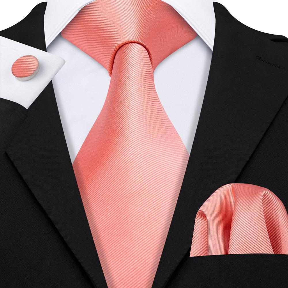 Pink Red Coral Solid Silk Tie Set - GentCrest