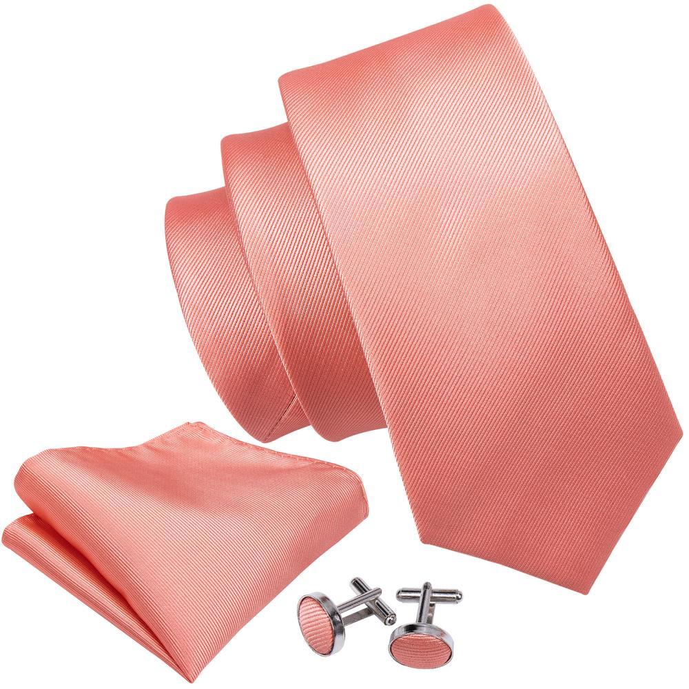 Pink Red Coral Solid Silk Tie Set - GentCrest - View 3