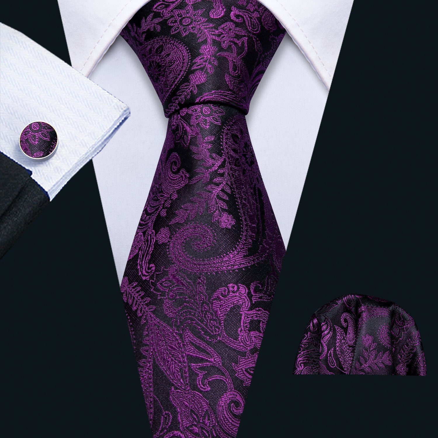 GentCrest Black Paisley Tie Hanky Cufflinks Set - Image 1