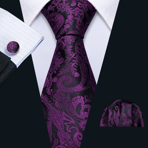 Black & Royal Purple Paisley Silk Tie Set - GentCrest