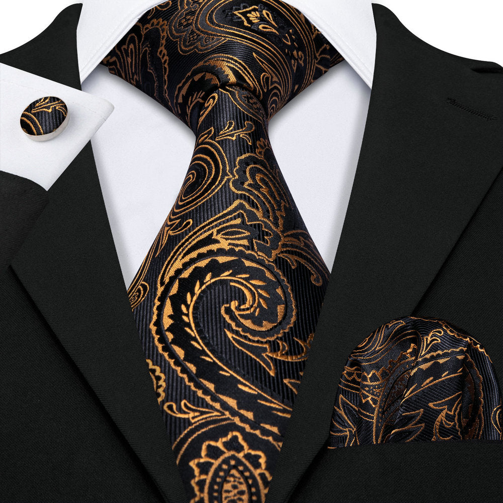 Black and Gold Paisley Silk Tie, Pocket Square, and Cufflinks Silk Tie Set - GentCrest