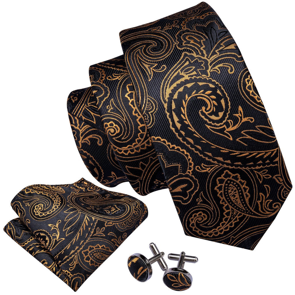 Black and Gold Paisley Silk Tie, Pocket Square, and Cufflinks Silk Tie Set - GentCrest - View 2