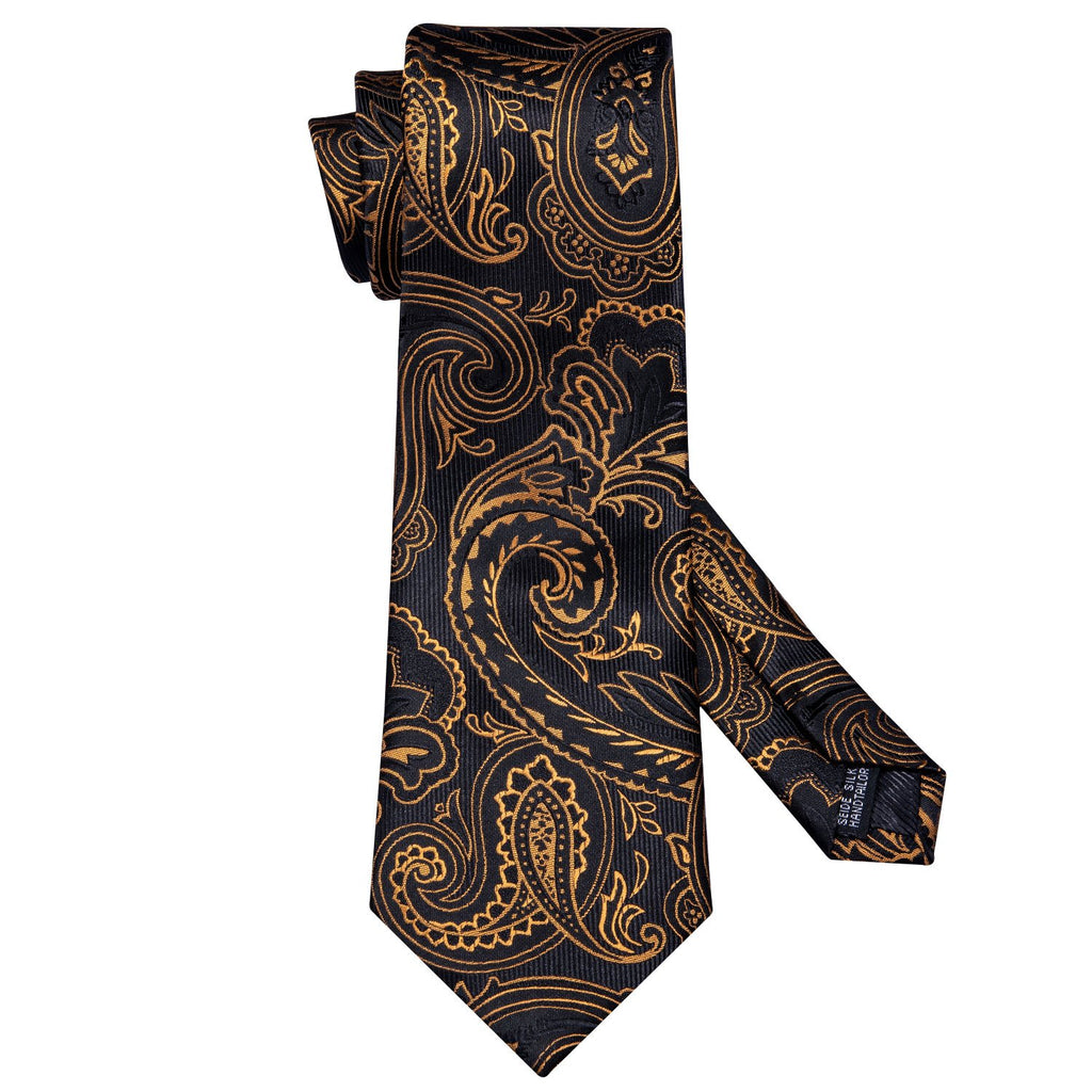 Black and Gold Paisley Silk Tie, Pocket Square, and Cufflinks Silk Tie Set - GentCrest - View 3