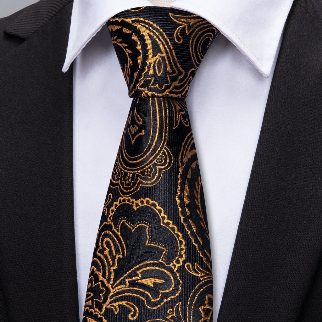 Black and Gold Paisley Silk Tie, Pocket Square, and Cufflinks Silk Tie Set - GentCrest - View 5