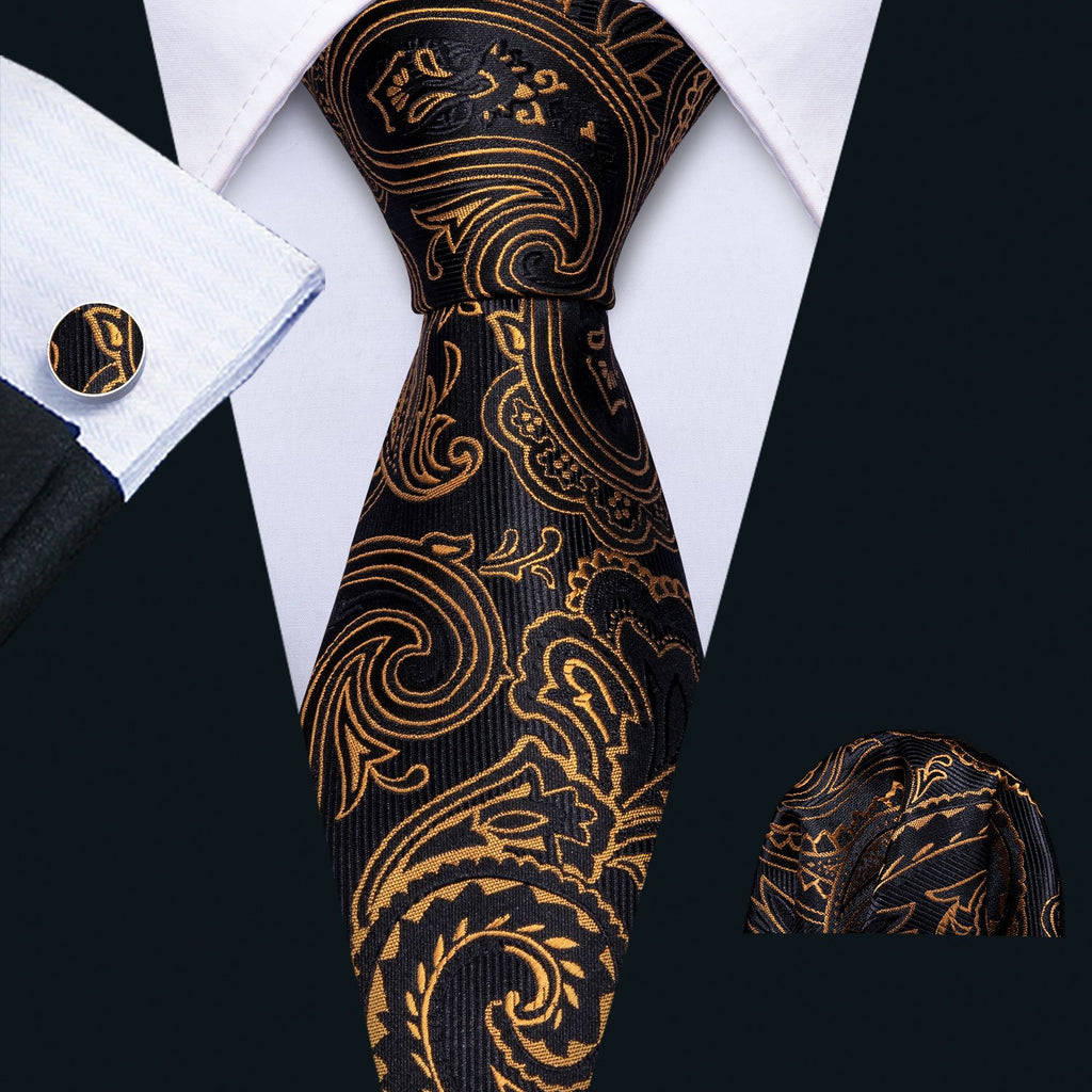 Black and Gold Paisley Silk Tie, Pocket Square, and Cufflinks Silk Tie Set - GentCrest - View 4