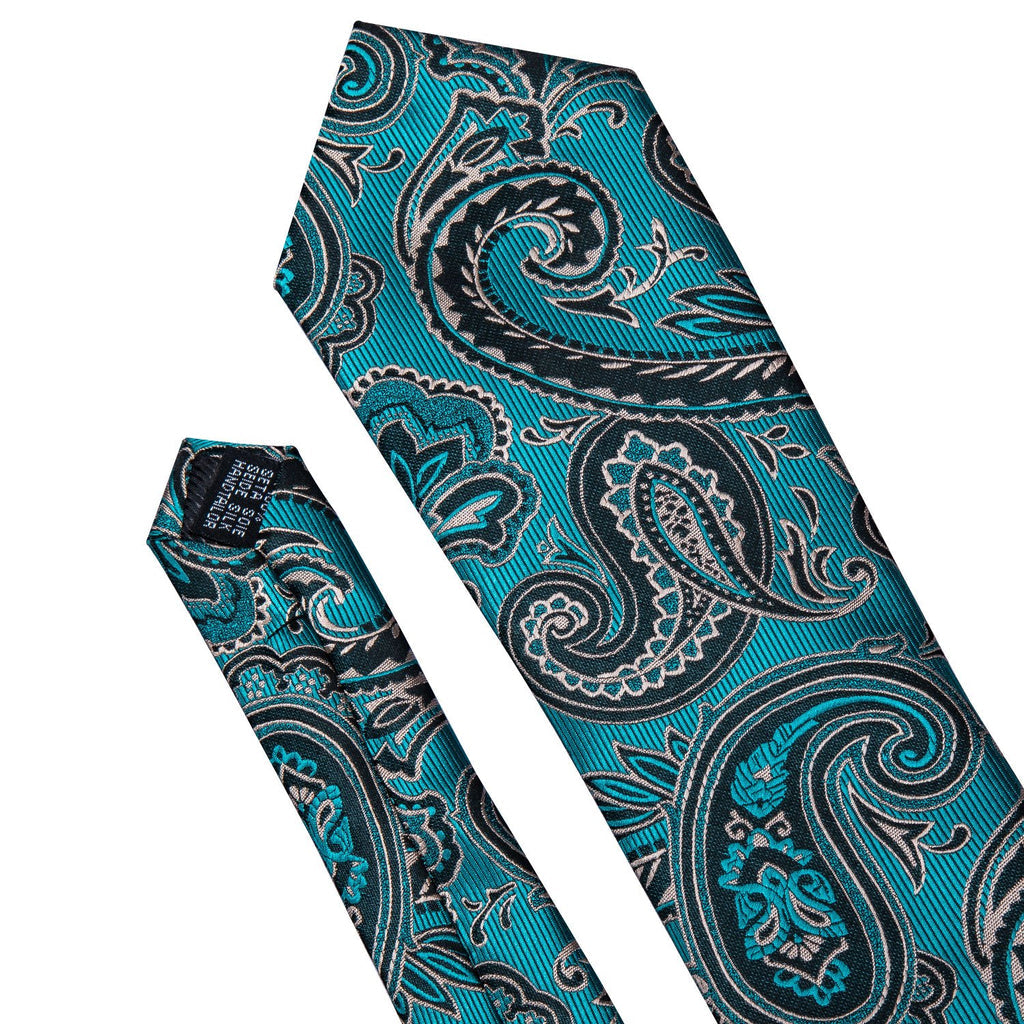 Blue Turquoise Black Paisley Silk Tie Set - GentCrest - View 6