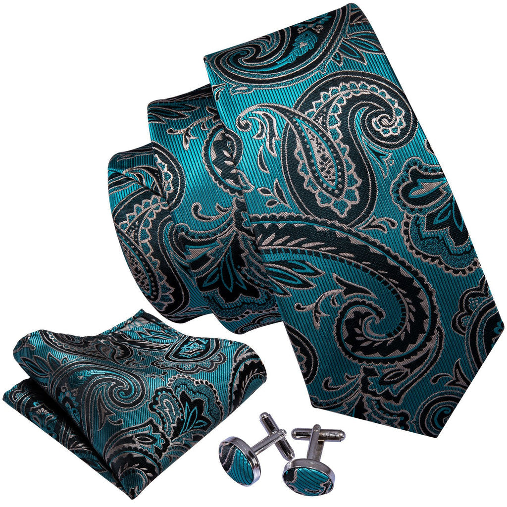 Blue Turquoise Black Paisley Silk Tie Set - GentCrest - View 3