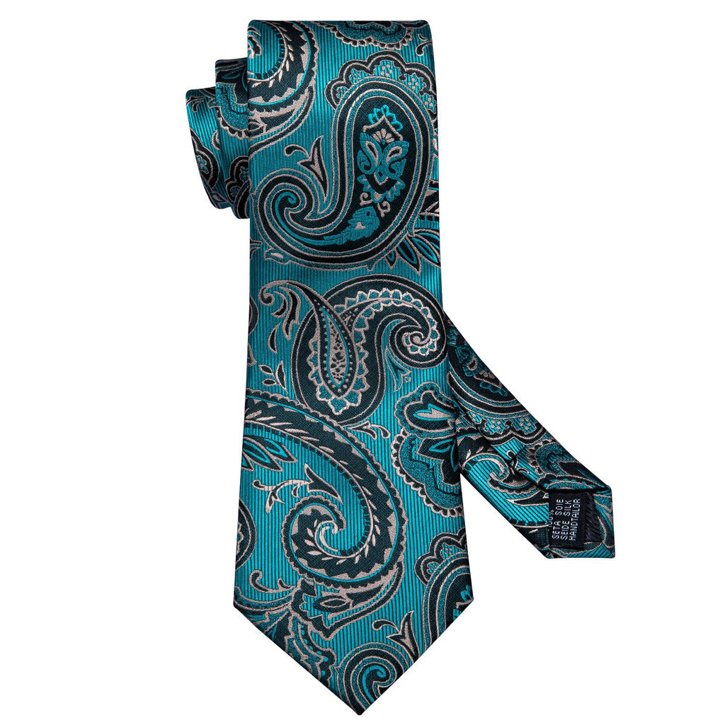 Blue Turquoise Black Paisley Silk Tie Set - GentCrest - View 5