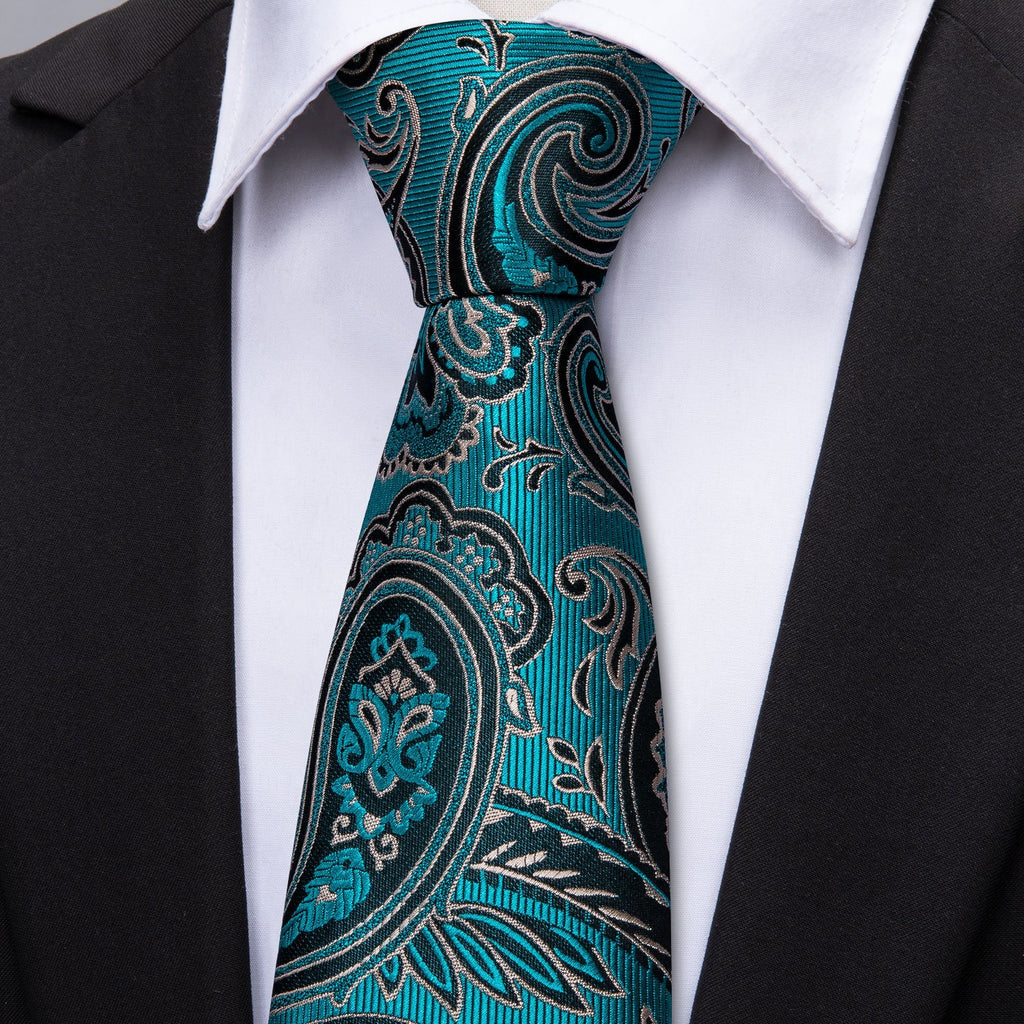 Blue Turquoise Black Paisley Silk Tie Set - GentCrest - View 2