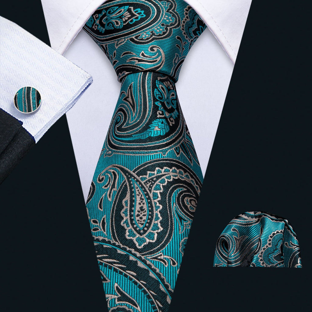 Blue Turquoise Black Paisley Silk Tie Set - GentCrest