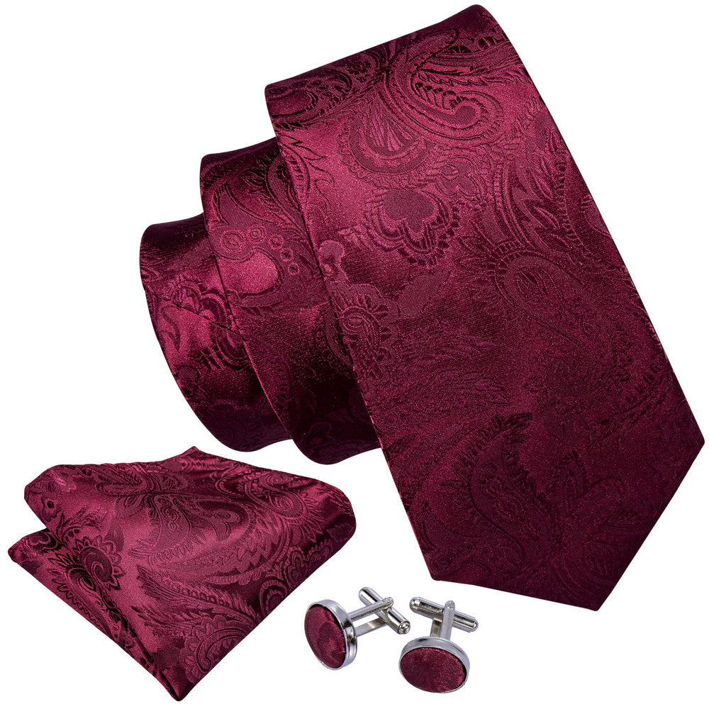Burgundy Red Paisley Silk Tie Set - GentCrest - View 3