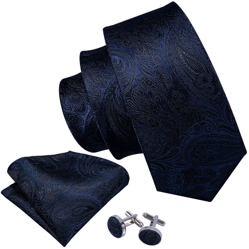 Dark Black Blue Paisley Silk Tie Set - GentCrest - View 2