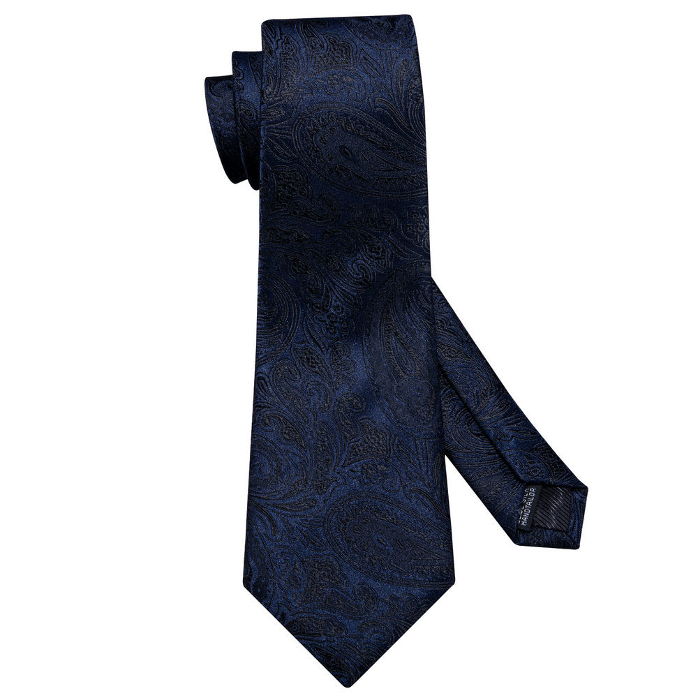 Dark Black Blue Paisley Silk Tie Set - GentCrest - View 3