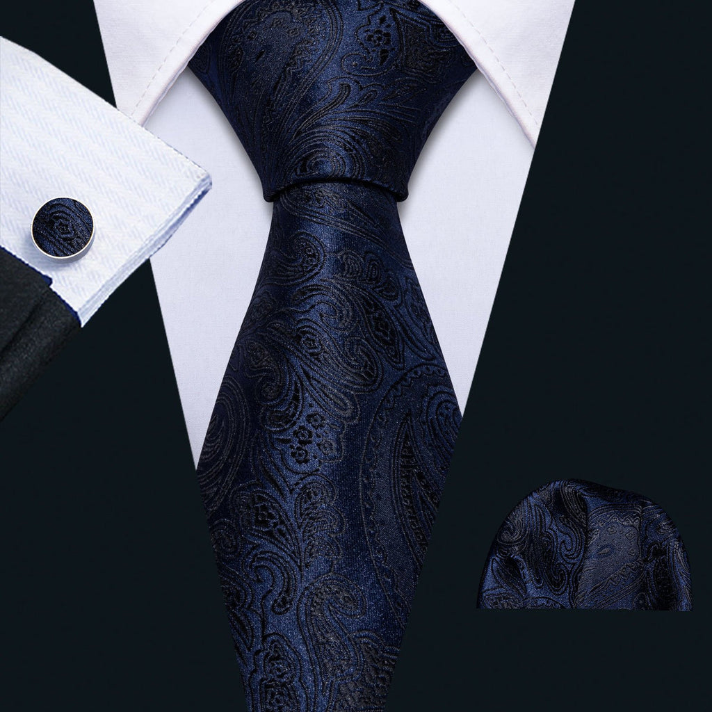 Dark Black Blue Paisley Silk Tie Set - GentCrest