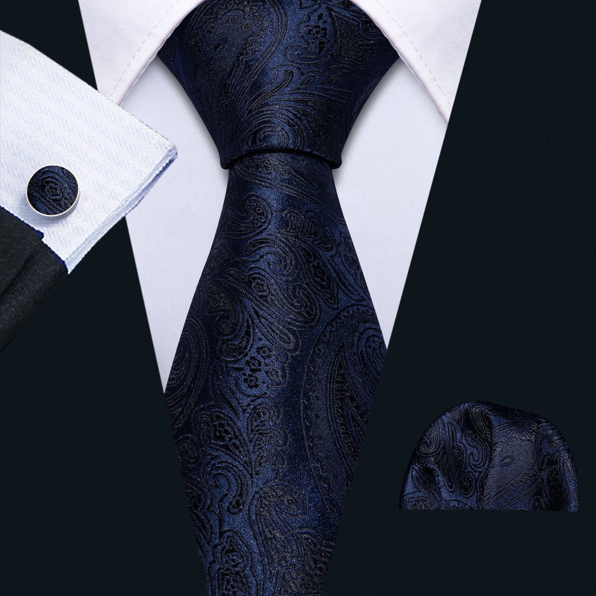 Dark Black Blue Paisley Silk Tie Set - GentCrest