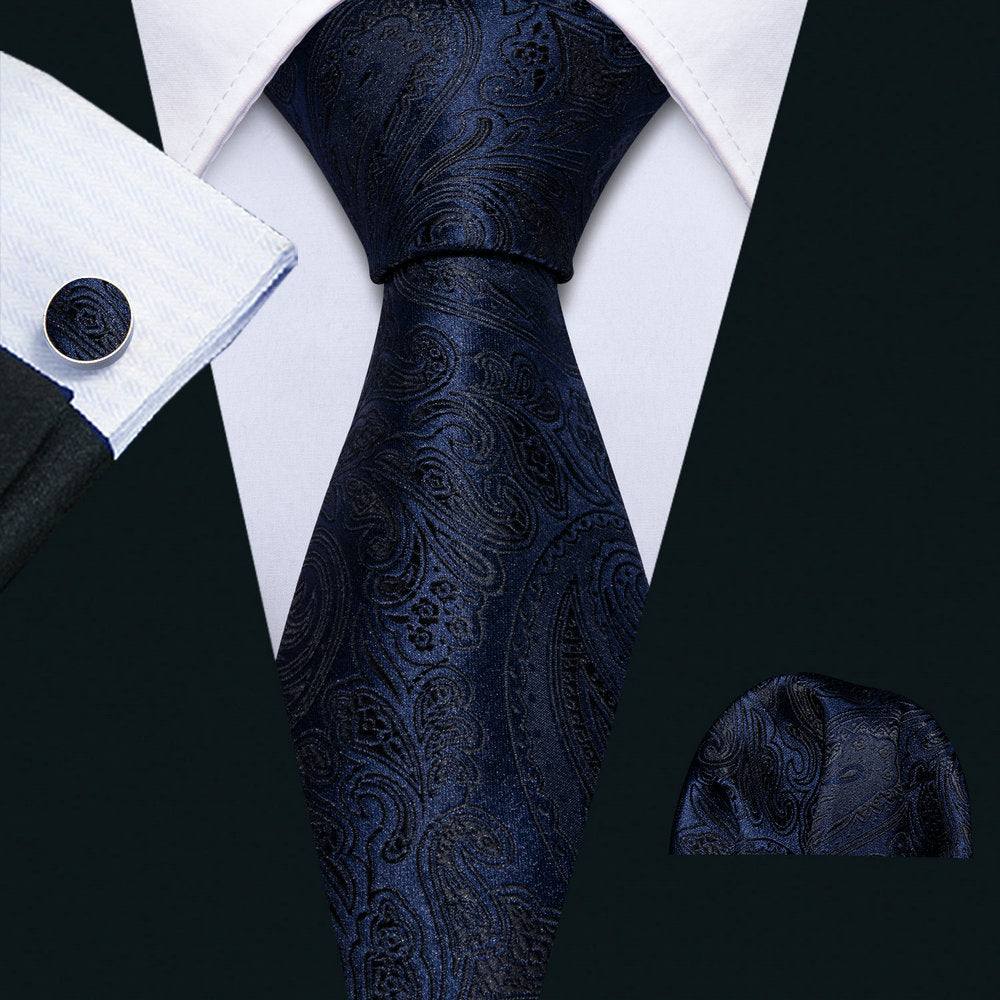 Dark Black Blue Paisley Silk Tie Set - GentCrest - View 4