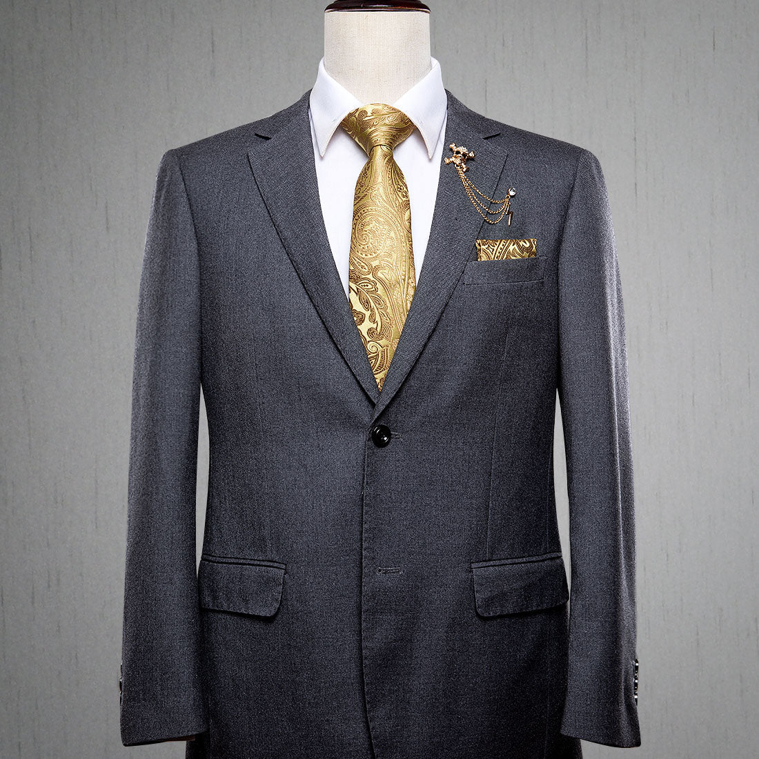 Golden Floral Men's Necktie Pocket Square Cufflinks Set with Lapel Pin