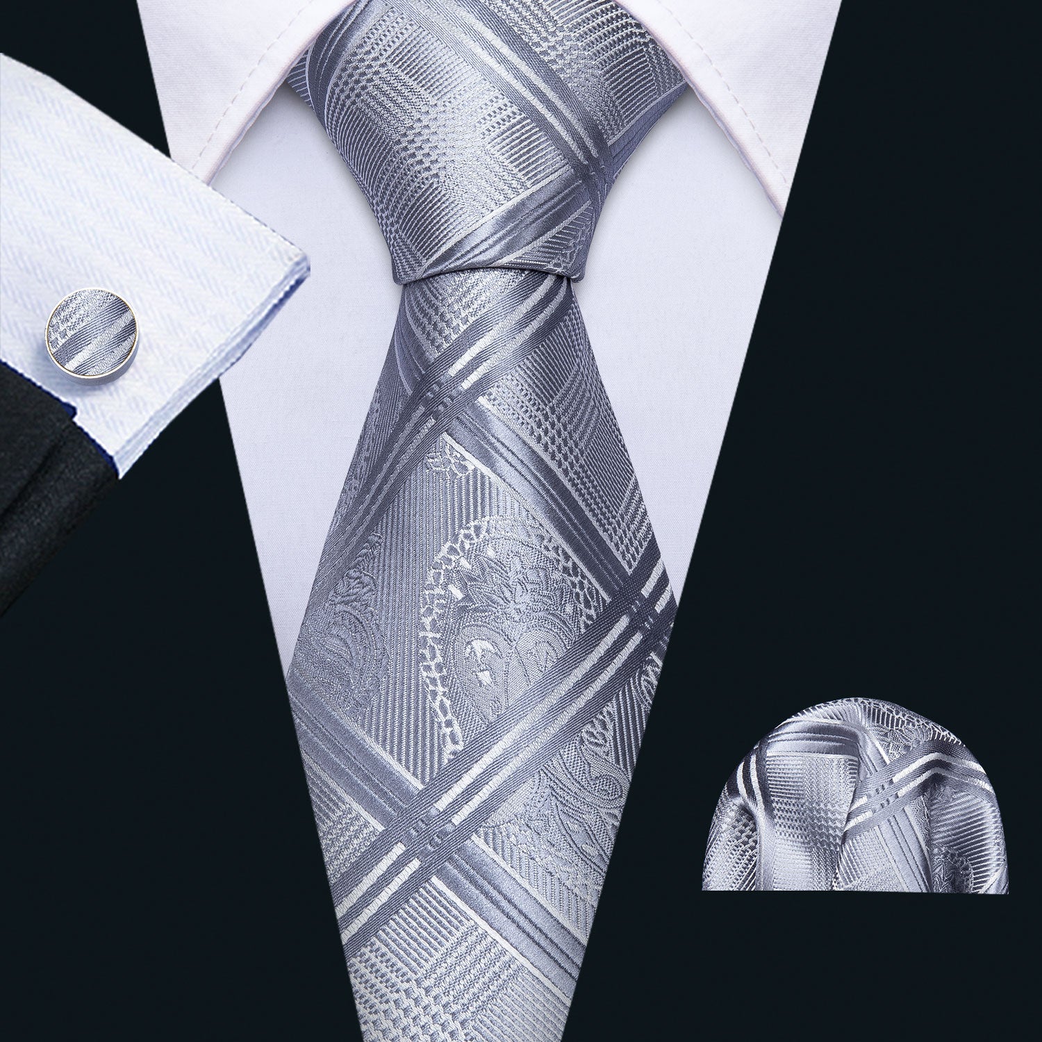 GentCrest Grey Plaid Tie Hanky Cufflinks Set - Image 1