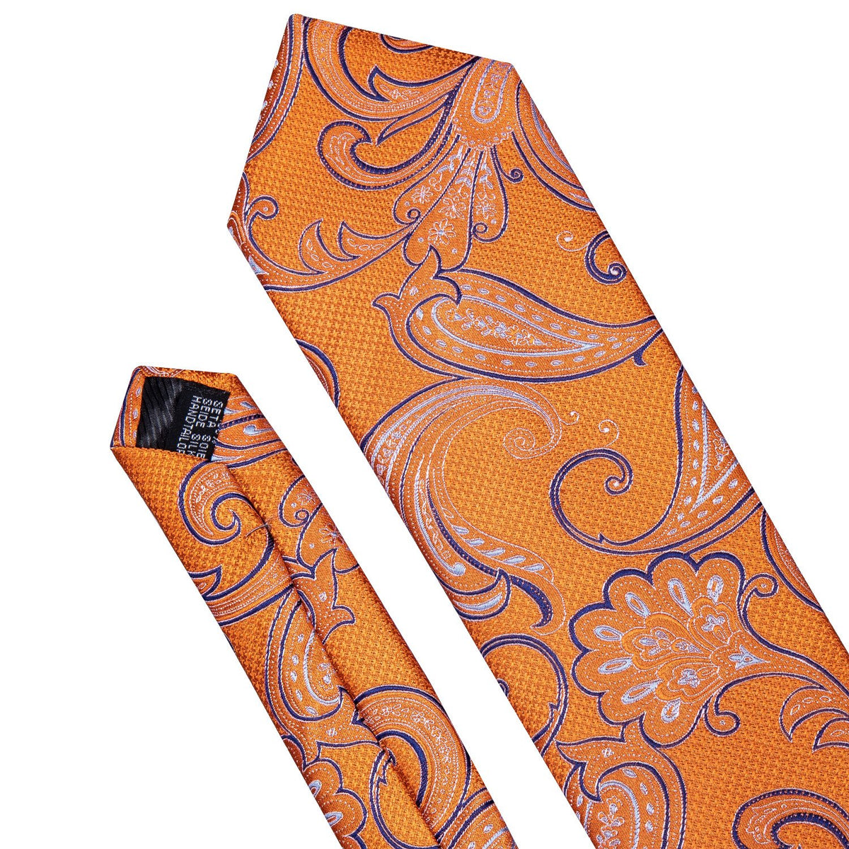 Vibrant Orange and Blue Paisley Silk with Pocket Square and Cufflinks Silk Tie Set - GentCrest - View 3