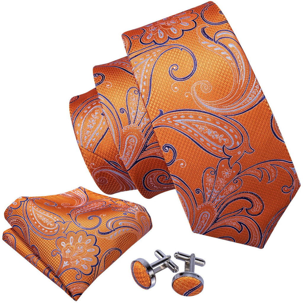 Vibrant Orange and Blue Paisley Silk with Pocket Square and Cufflinks Silk Tie Set - GentCrest - View 5