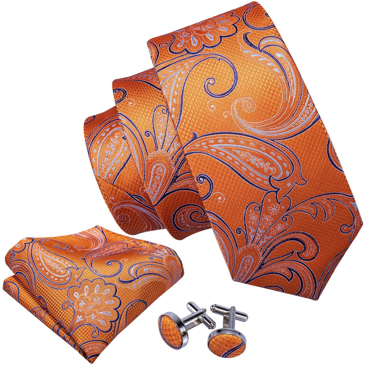 Vibrant Orange and Blue Paisley Silk with Pocket Square and Cufflinks Silk Tie Set - GentCrest - View 5