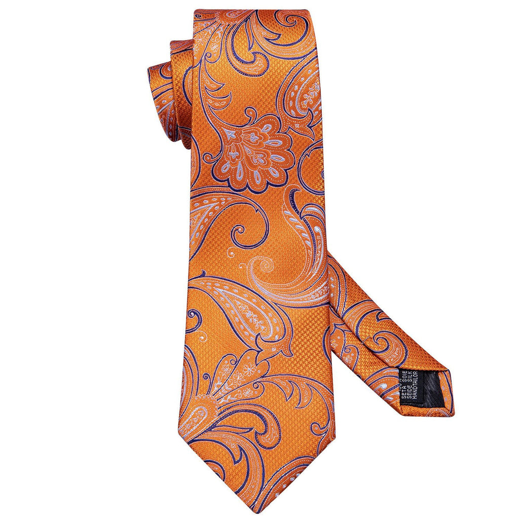 Vibrant Orange and Blue Paisley Silk with Pocket Square and Cufflinks Silk Tie Set - GentCrest - View 2