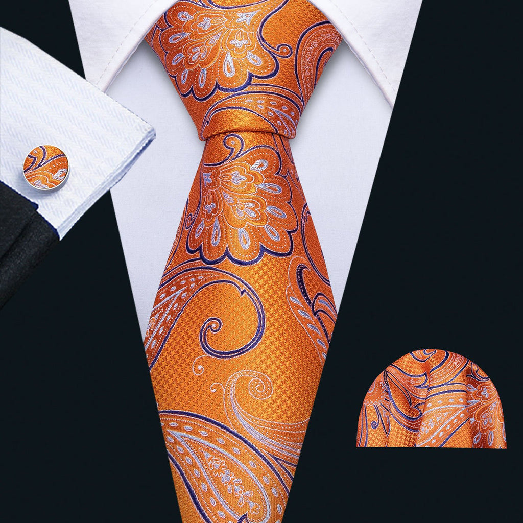 Vibrant Orange and Blue Paisley Silk with Pocket Square and Cufflinks Silk Tie Set - GentCrest