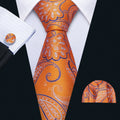 Vibrant Orange and Blue Paisley Silk with Pocket Square and Cufflinks Silk Tie Set - GentCrest