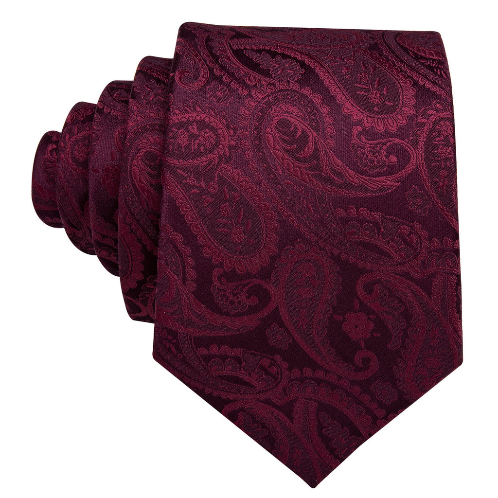 Rich Wine Paisley Silk with Pocket Square and Cufflinks Silk Tie Set - GentCrest - View 2