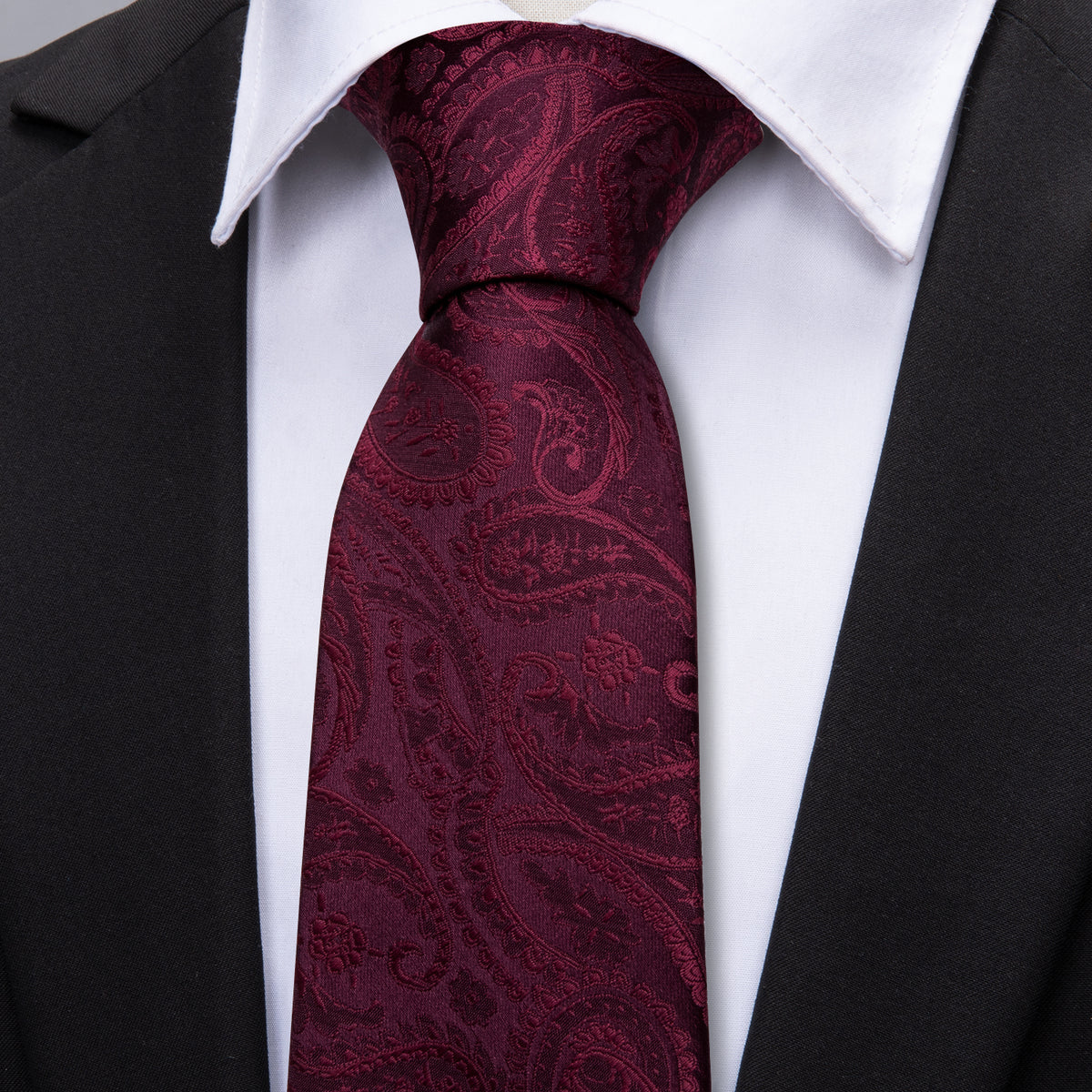 Rich Wine Paisley Silk with Pocket Square and Cufflinks Silk Tie Set - GentCrest - View 5