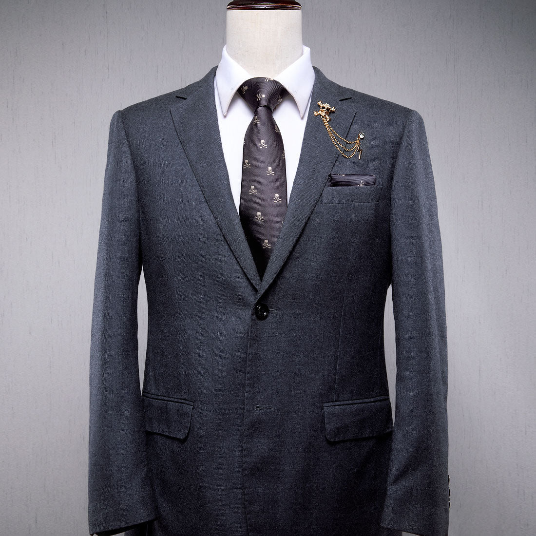 Black Skull Novelty Men's Necktie Pocket Square Cufflinks Set with Golden Skull Lapel Pin