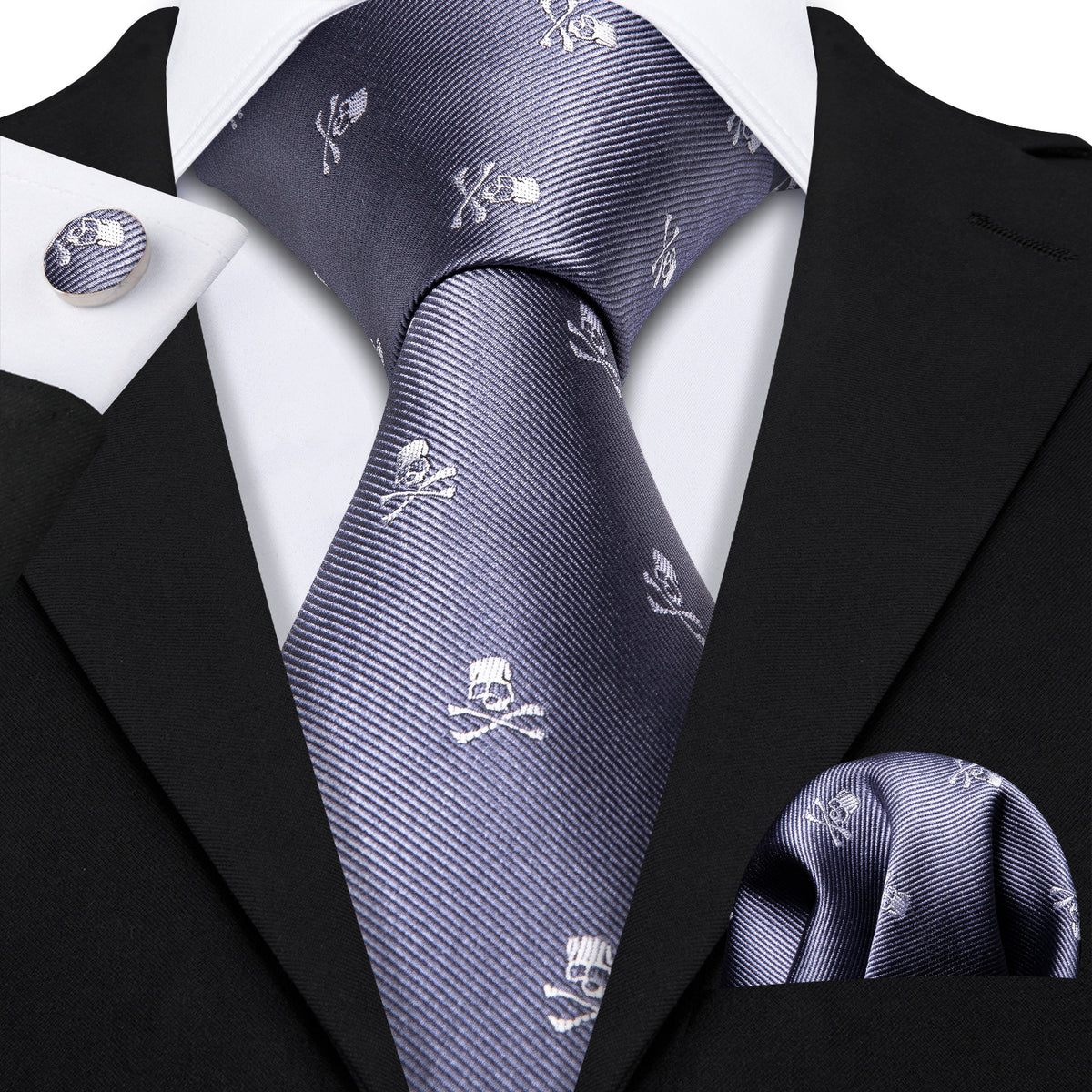 Light Midnight Blue Skull Novelty Silk Tie Set - GentCrest - View 2