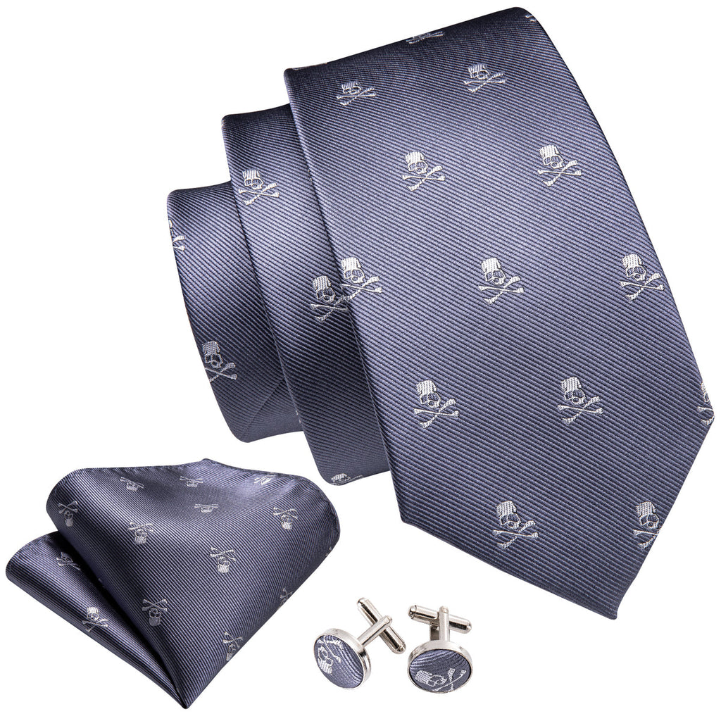 Light Midnight Blue Skull Novelty Silk Tie Set - GentCrest - View 3