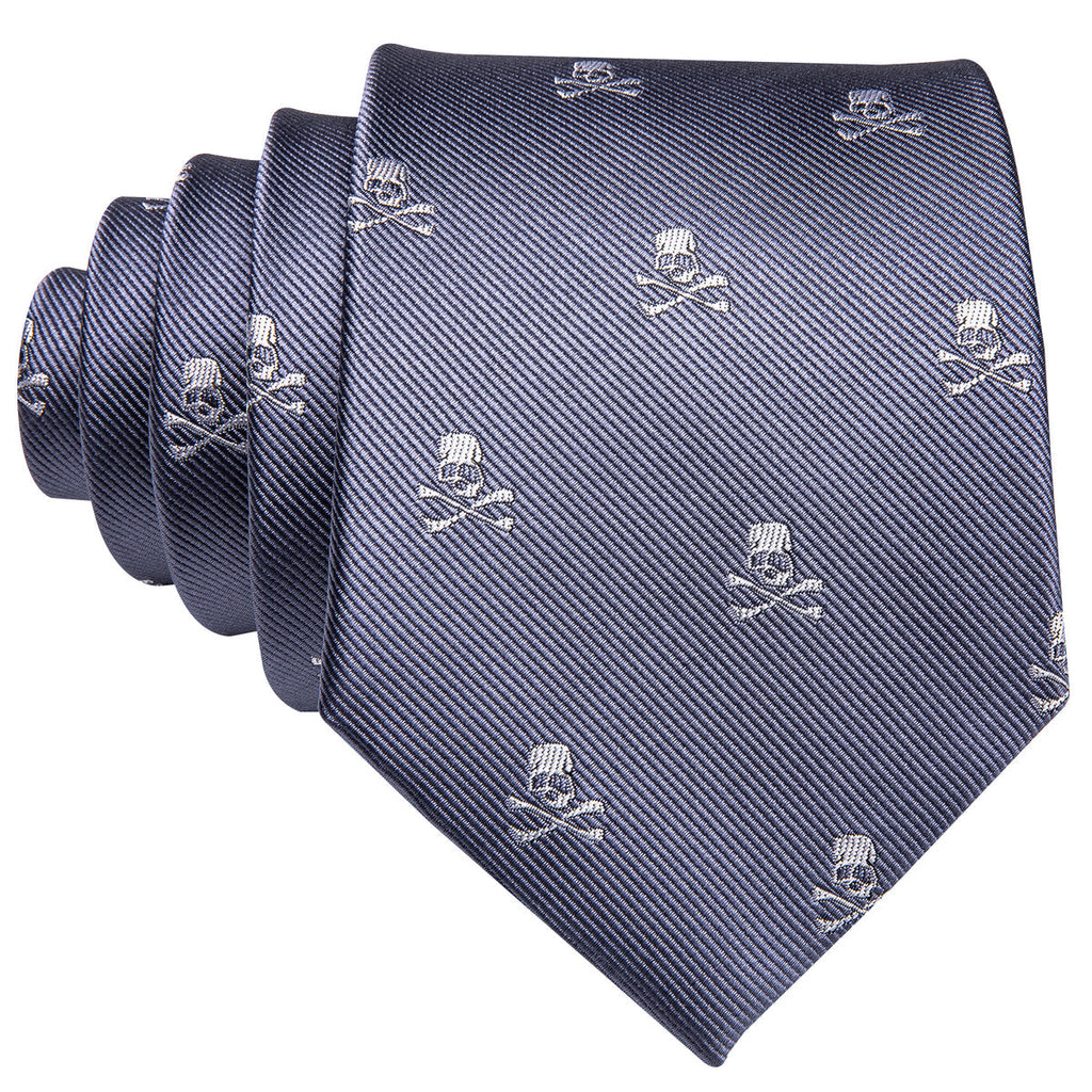 Light Midnight Blue Skull Novelty Silk Tie Set - GentCrest - View 5