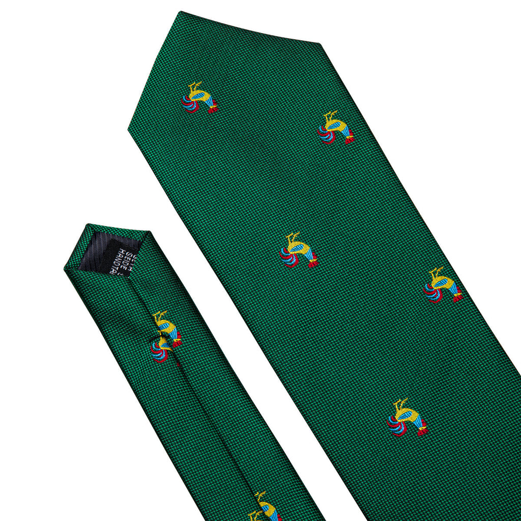 Green Novelty Rooster Pattern Silk Tie Set - GentCrest - View 6