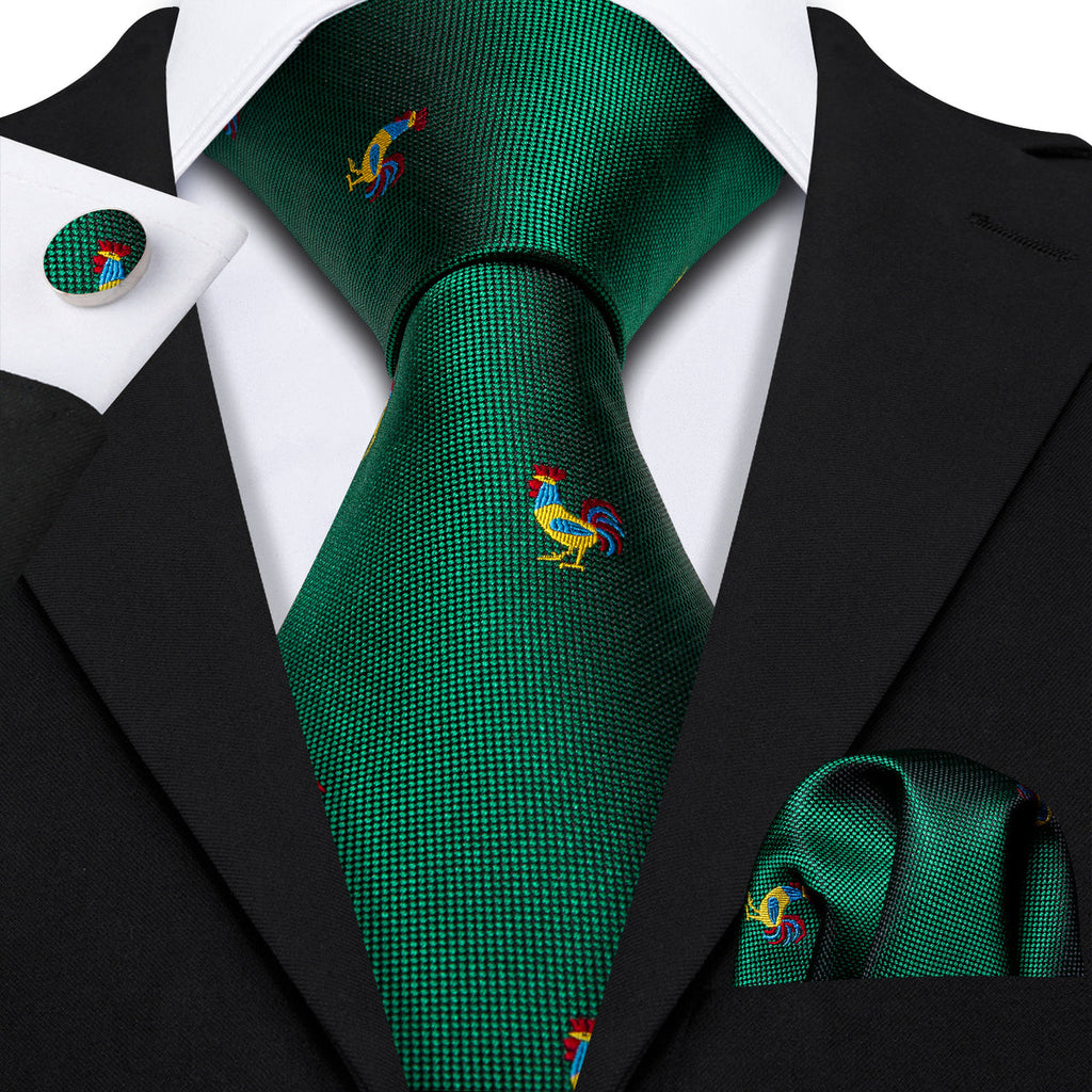 Green Novelty Rooster Pattern Silk Tie Set - GentCrest - View 2