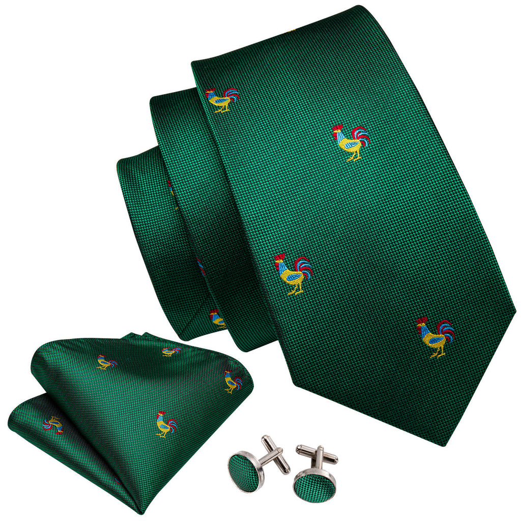 Green Novelty Rooster Pattern Silk Tie Set - GentCrest - View 3