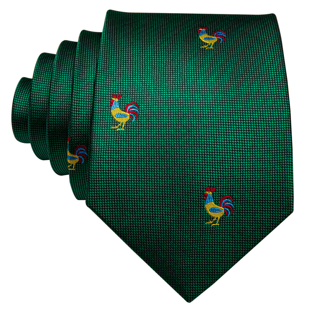 Green Novelty Rooster Pattern Silk Tie Set - GentCrest - View 5
