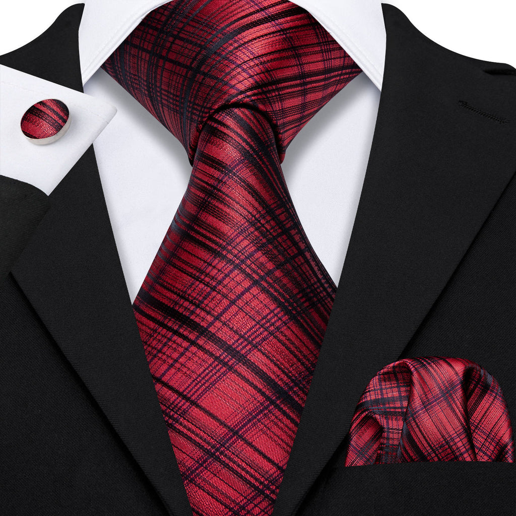 High Gloss Red Black Stripe Silk Tie Set - GentCrest