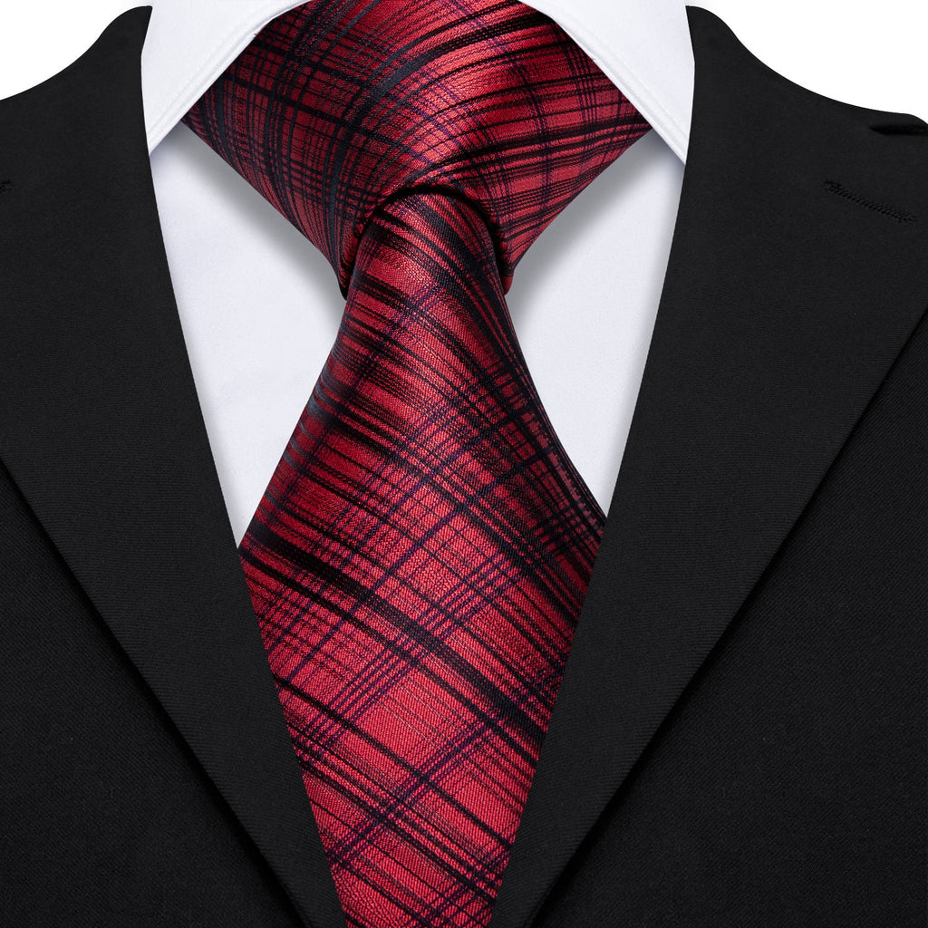 High Gloss Red Black Stripe Silk Tie Set - GentCrest - View 2