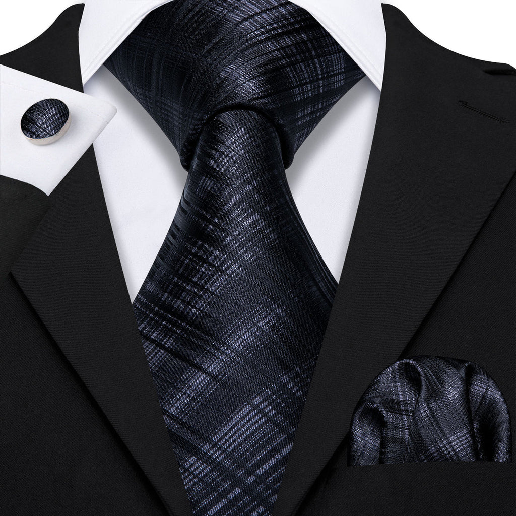 High Gloss Black Gray Stripe Silk Tie Set - GentCrest