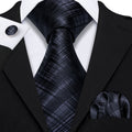 High Gloss Black Gray Stripe Silk Tie Set - GentCrest