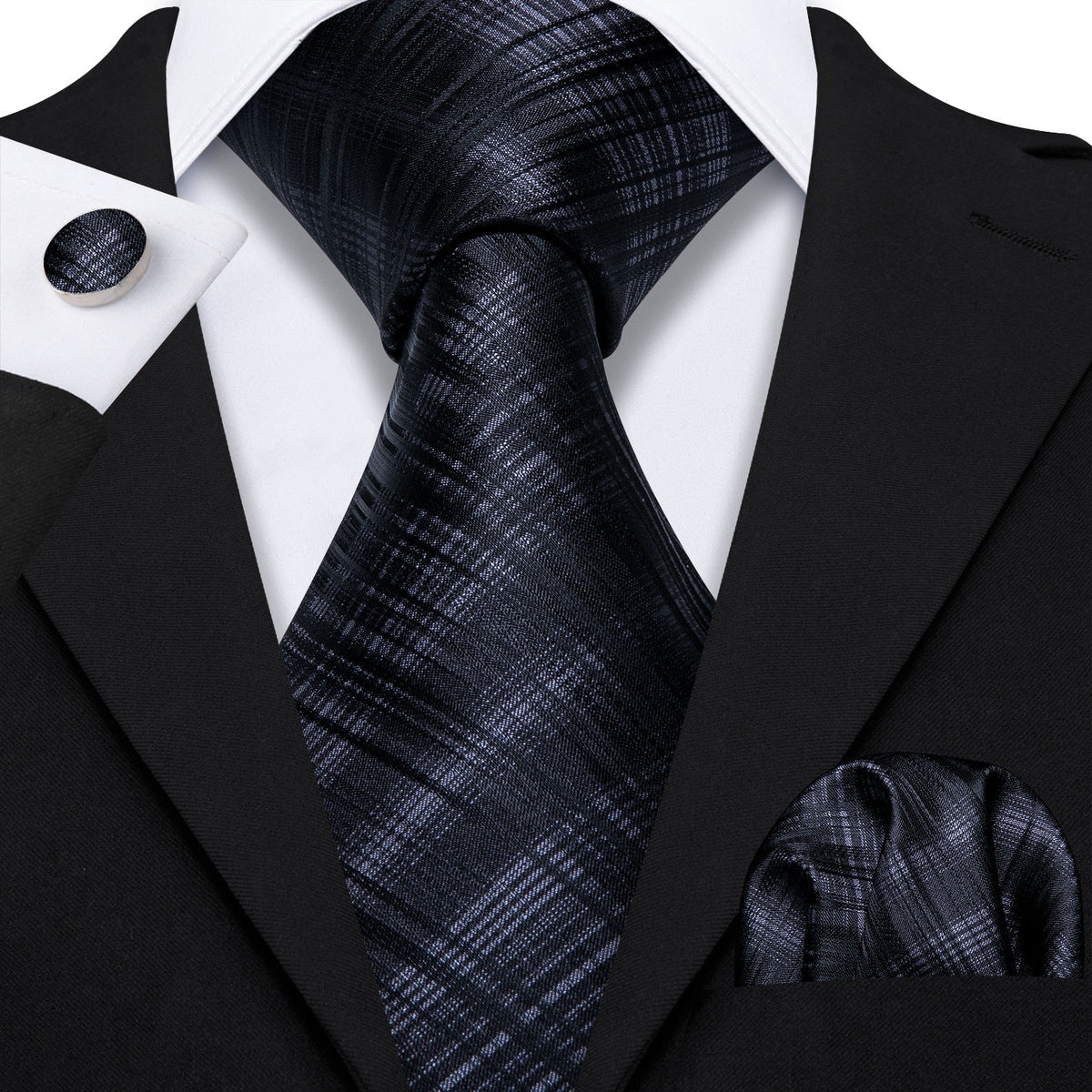 High Gloss Black Gray Stripe Silk Tie Set - GentCrest