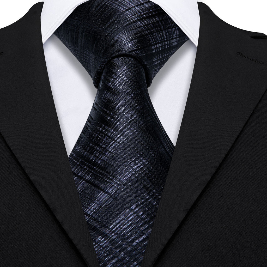 High Gloss Black Gray Stripe Silk Tie Set - GentCrest - View 2