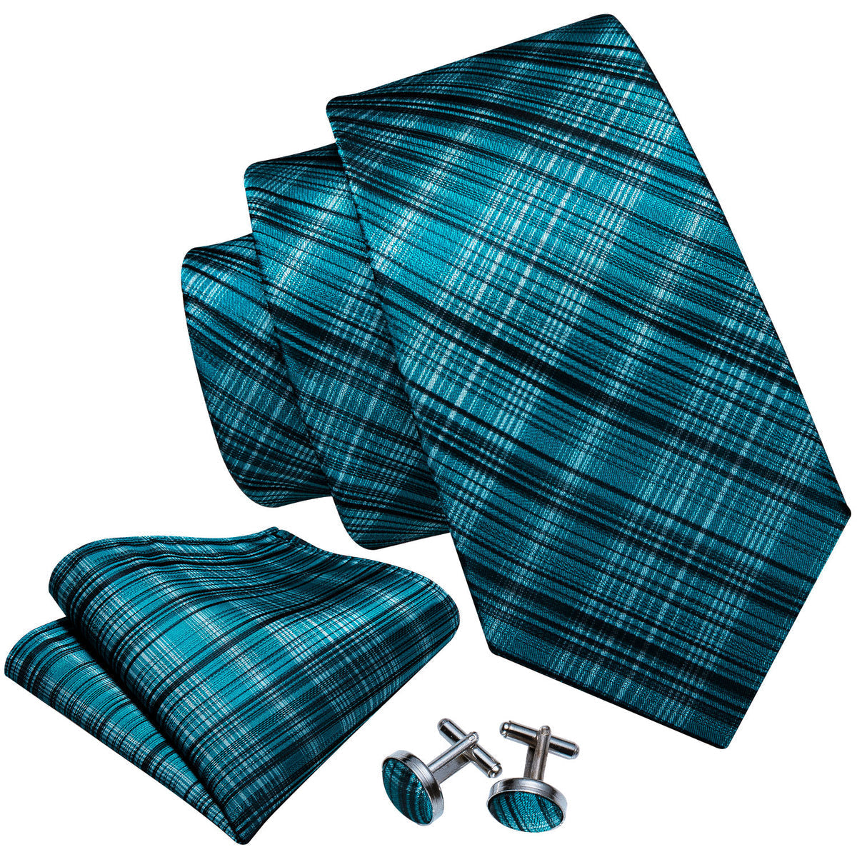 High Gloss Blue and Black Stripe Silk Tie Set - GentCrest - View 3