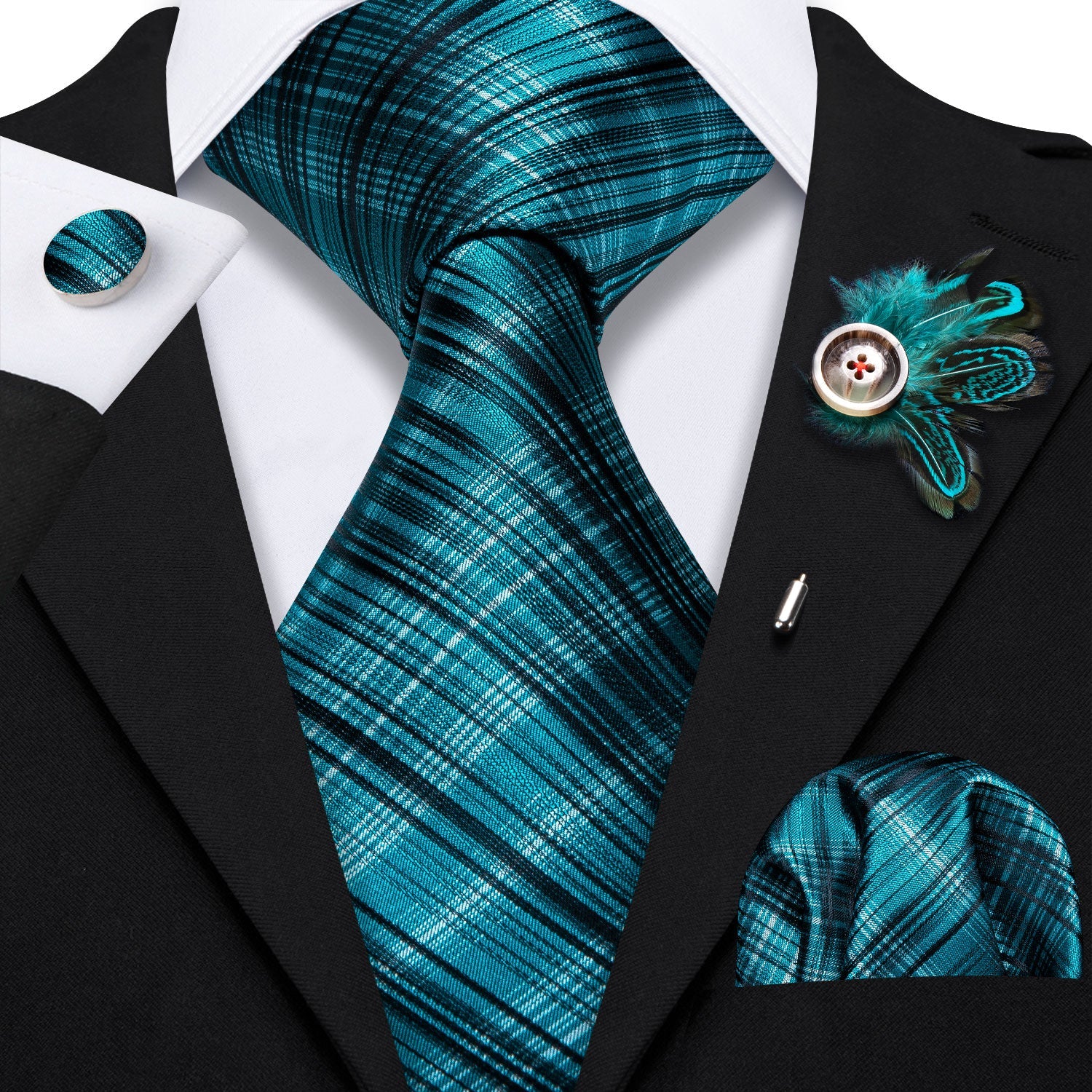 GentCrest Blue Plaid Tie Hanky Cufflinks Set - Image 1