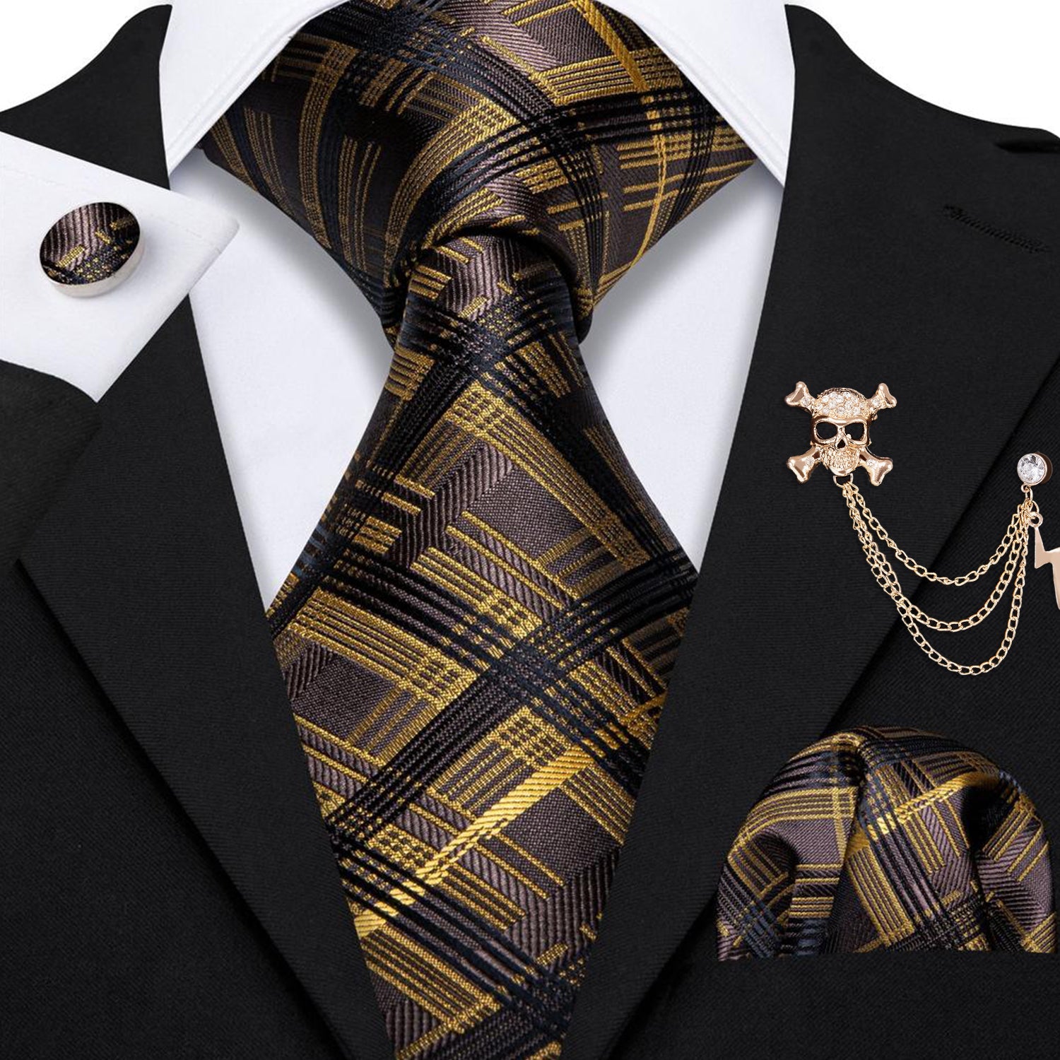 GentCrest Black Plaid Tie with Accessories - Image 1