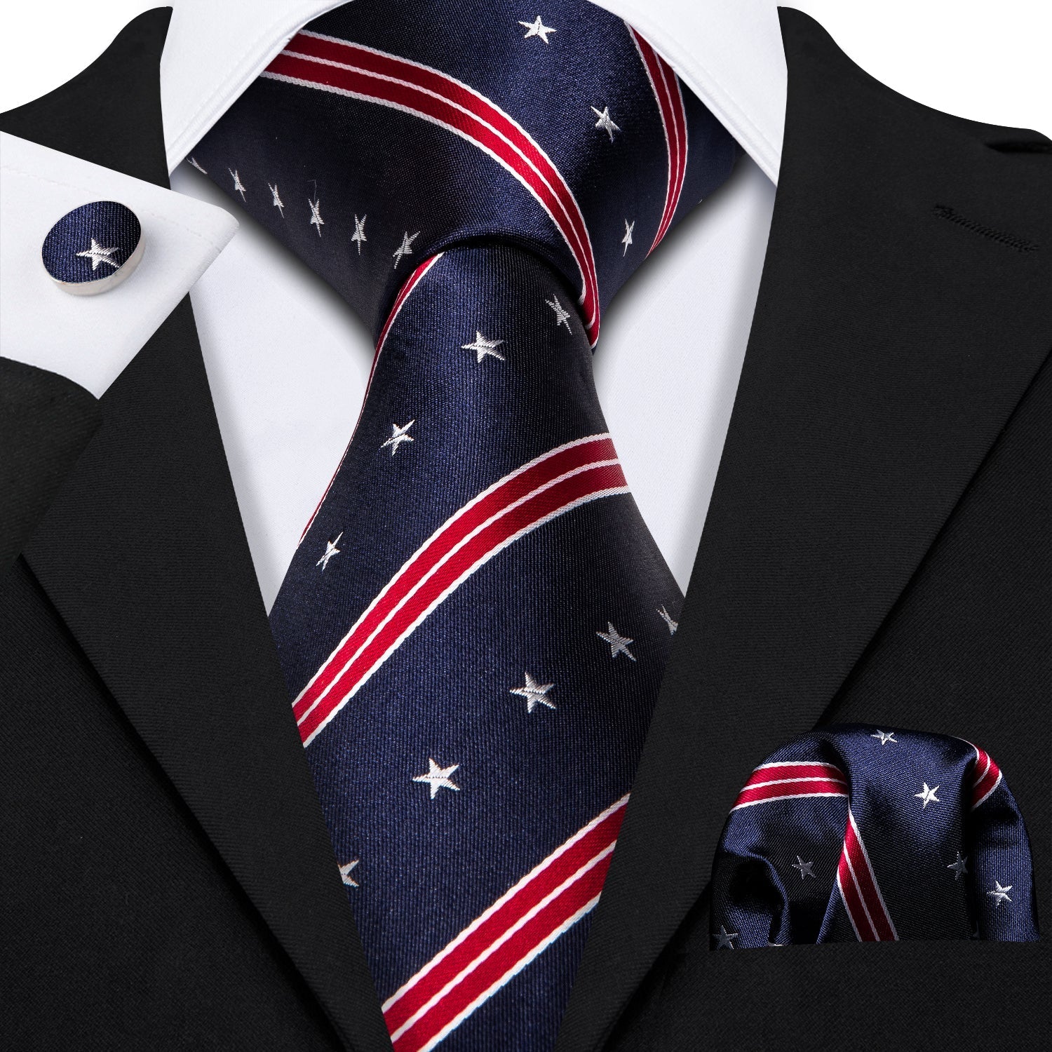 Navy Patriotic Star & Stripe – American Flag-Inspired Design Silk Tie Set - GentCrest