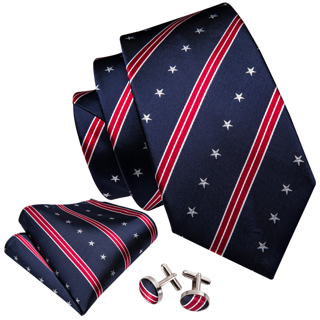 Navy Patriotic Star & Stripe – American Flag-Inspired Design Silk Tie Set - GentCrest - View 3
