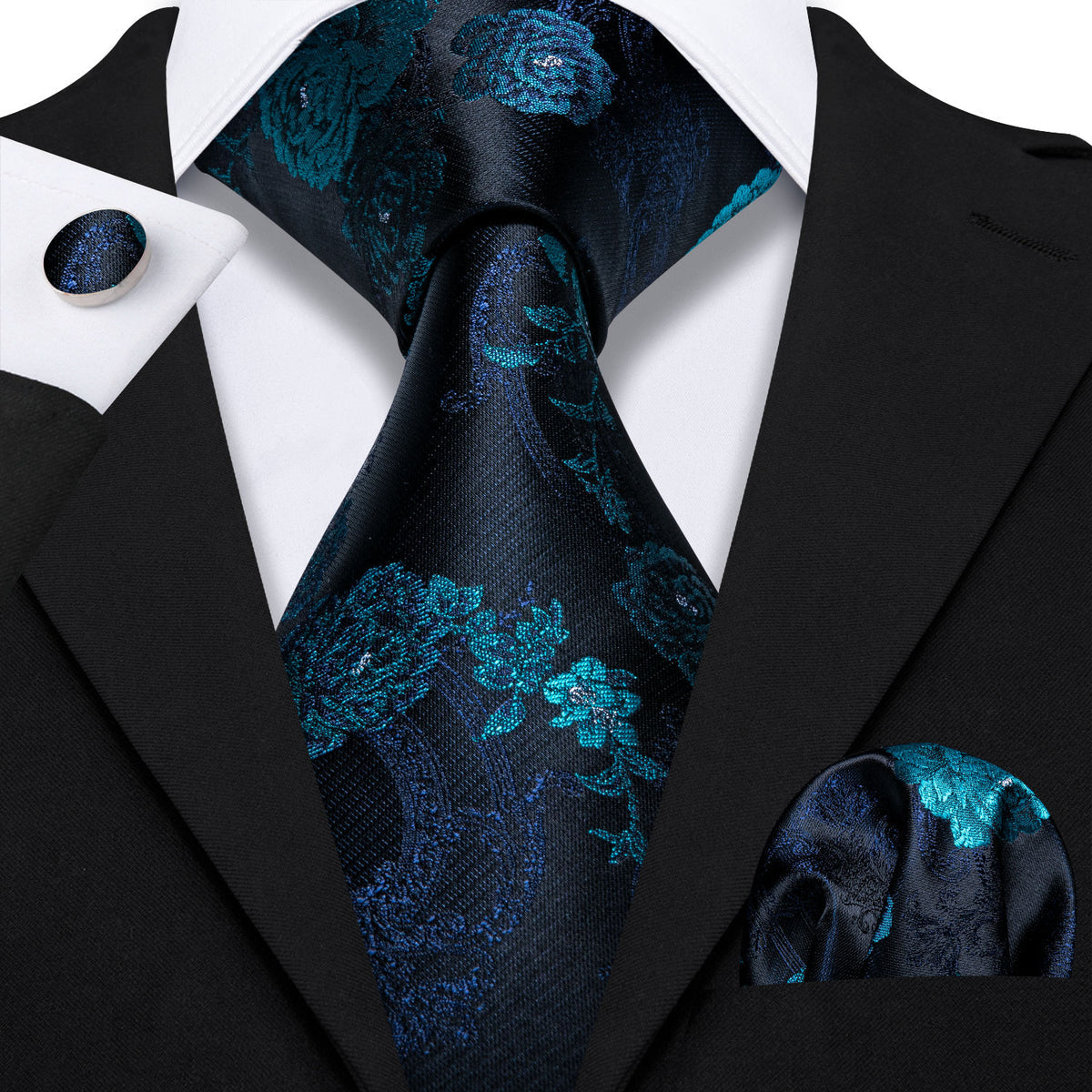 Black Blue Floral Silk Tie Set - GentCrest